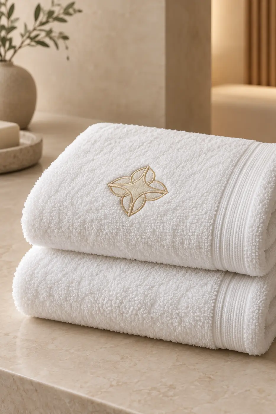 White towels with brand-neutral gold embroidery